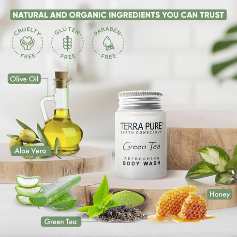 Terra Pure Green Tea Body Wash, 1 oz Jam Jar with Organic Honey and Aloe Vera (Case of 20)