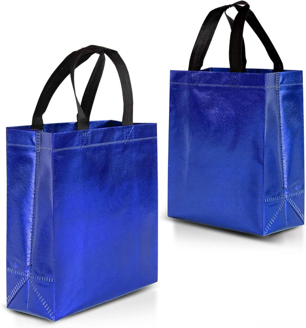 Nush Nush Blue Gift Bags: Medium Size Set of 12 Shiny Reusable Bags with Handles for Goodie, Birthday, Party Favors