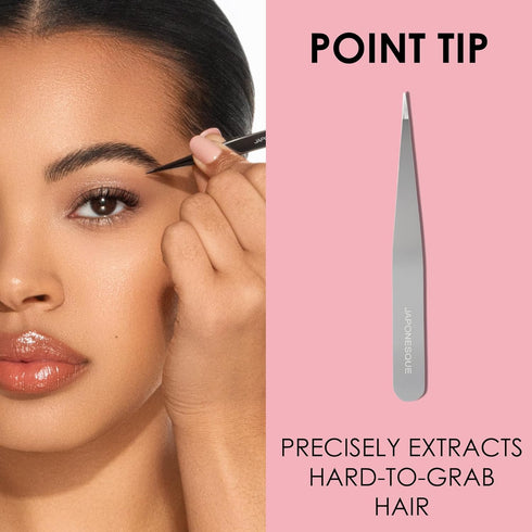 JAPONESQUE Slant and Point Tweezers Set, Hand-Sharpened Stainless, Ideal for Defining and Shaping Brows, Travel