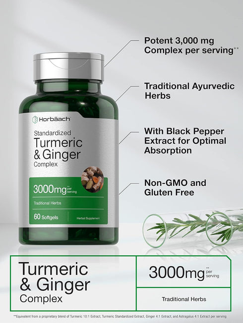 Horbaach Turmeric and Ginger Supplement 3000 mg | 60 Softgel Capsules with Black Pepper Extract, Non-GMO, Gluten Free