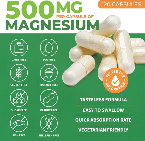 ForestLeaf Magnesium Complex 500mg - Magnesium 500mg Capsules - Magnesium Supplement 500 mg - Magnesium for Sleep, Magnesium for Constipation - Magnesium Supplement for Women (120 Ct)