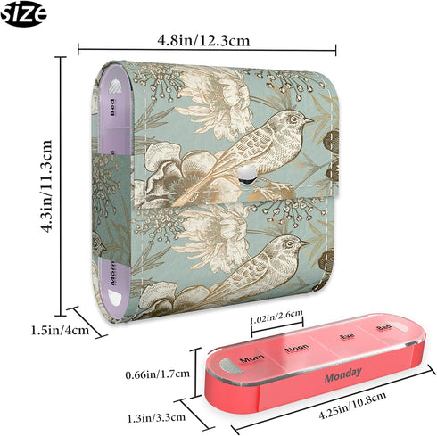 LIZIMANDU Weekly Travel Pill Organizer, Daily AM PM Medication Reminder Box with Leather PU Carrying Case (Blue Bird)