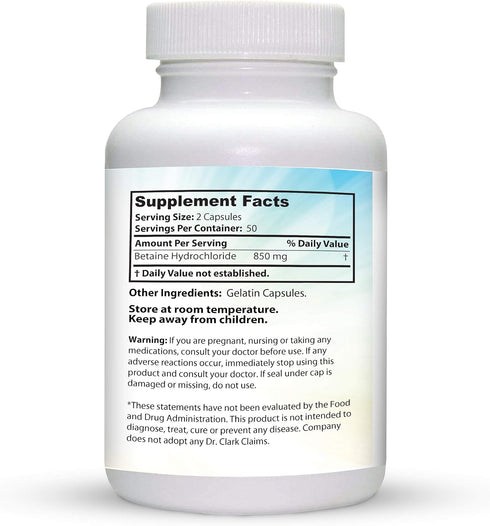 Dr. Clark Betaine HCL Digestive Enzymes, 100 Gelatin Capsules, 425 mg for Optimal Digestion & Acid Reflux