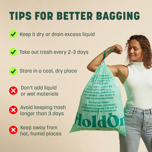 13-Gallon Trash Bags – Plant-based Tall Kitchen Trash Bags with Drawstring Handles for Tall Trash Bins, Heavy-duty and Compostable Large Trash Bags (40 bags) by HoldOn