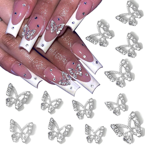 RODAKY 3D Alloy Butterfly Nail Art Charms, 12PCS Silver Butterflies with Gems for Nail Decoration