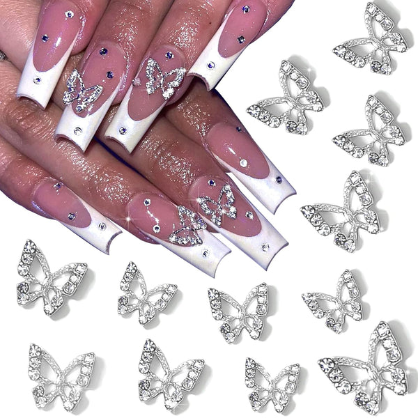 RODAKY 3D Alloy Butterfly Nail Art Charms, 12PCS Silver Butterflies with Gems for Nail Decoration