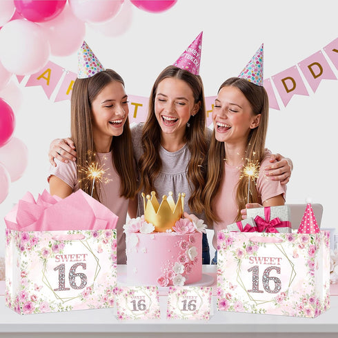Yoirrat 16 3 16th Sweet Gift Bag with Wrapping Tissue Paper & Greeting Card Large Pink Rose Gold Floral Happy Birthday