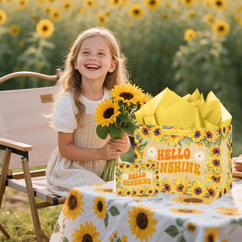 Wauprant Large Sunflower Gift Bag for Girls Women Yellow Floral Hello Sunshine Gift Bag with Wrapping Paper