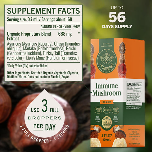 Immune 8-Mushroom Immunity 56-Day HERBAMAMA Super Mushroom Supplement - Vegan Complex Blend with Reishi, Lion's Mane