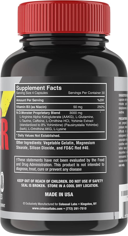 N.O. Monster Nitric Oxide Booster with L-Arginine – Extreme Pumps for Strength, 120 Capsules, Made in USA