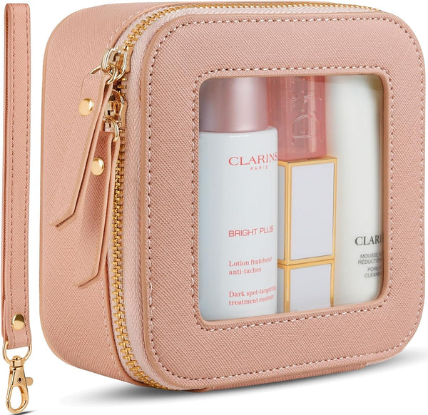 Mini Clear Makeup Bag | Small Leather Cosmetic Pouch for Purse | Cute Organizer for Car Travel Essentials (Pink Mini)