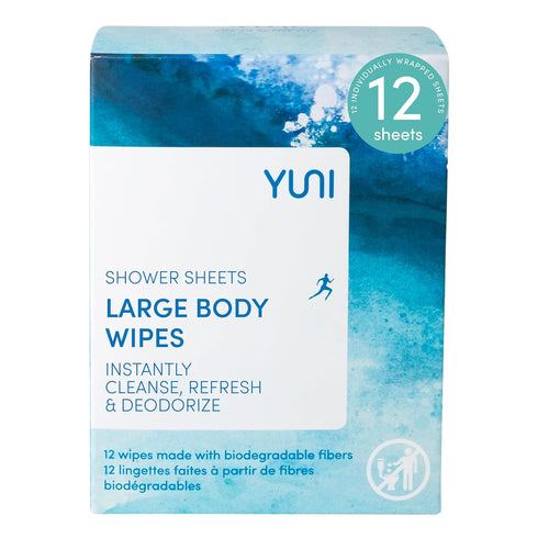 YUNI Beauty Large Body Wipes, Peppermint Citrus, 12 Count, Compostable, Biodegradable, On-the-Go Shower Alternative