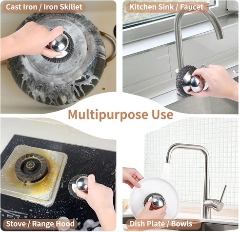 4pcs Steel Wool Scrubber Set, Stainless Steel Scrubber with Handle for Cast Iron, Pots, Pans, Sink