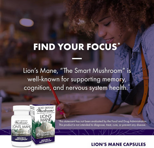 Host Defense Mushrooms Lion's Mane - Brain Health Support Supplement for Focus & Memory Function, 30 Capsules