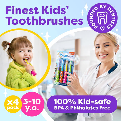 Kids Toothbrush 4 Pack, Soft Bristles with Suction Cup, Multi-Color, Child Sized Brush Heads for Ages 3-10
