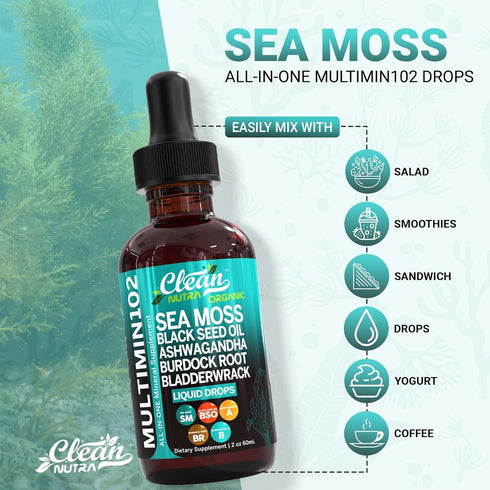 Clean Nutraceuticals Sea Moss Liquid Drops with Black Seed Oil, Ashwagandha, Burdock Root & Bladderwrack - Organic