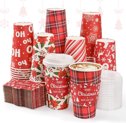 Lingringdcy 72 Set Christmas Disposable Coffee Cups with Lids and Sleeves Snowflake Reindeer