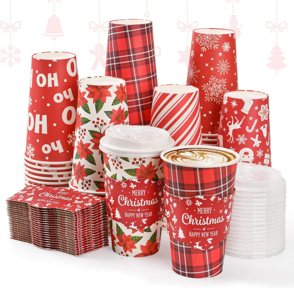 Lingringdcy 72 Set Christmas Disposable Coffee Cups with Lids and Sleeves Snowflake Reindeer