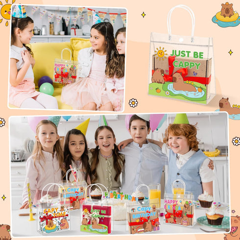 H1vojoxo 24PCS 7.9x3.2x7.9 Inches Capy Birthday Gift Bags - Cappy Clear PVC Gift Bags with Handle Reusable Capy Time