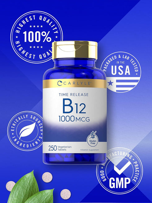 Carlyle Vitamin B12 10,000 mcg Time Release Tablets, 250 Count - Vegetarian, Non-GMO, Gluten Free