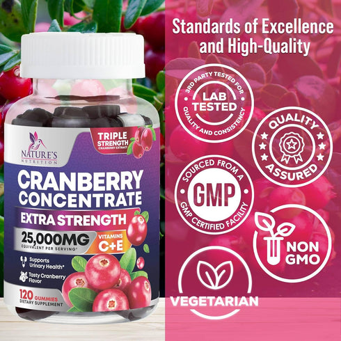 Cranberry Gummies - 120 Gummies - Urinary Tract Health + Vitamin C - 25,000mg Triple Strength