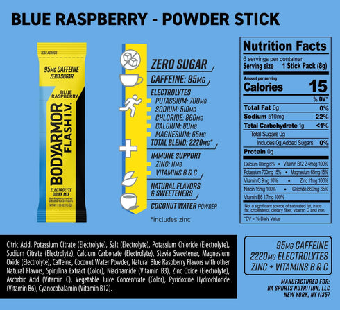 Packets Packs, (6 Count) BODYARMOR Caffeinated Flash I.V. Electrolyte Blue Raspberry - Zero Sugar Energy Drink Mix