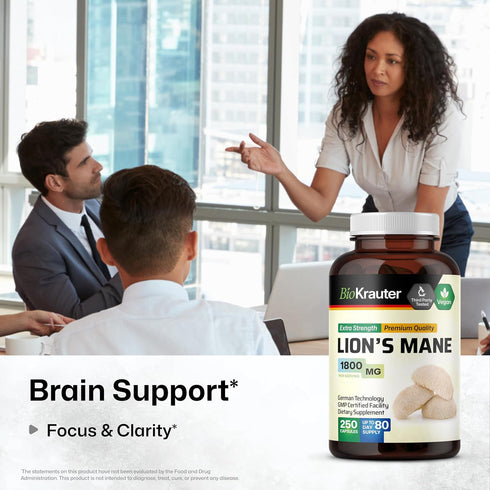 Lions Mane Supplement Capsules - Vegan, Organic Lion’s Mane Mushroom Supplement for Cognitive Function, Focus Support - Lions Mane Pills - 3 Months Supply