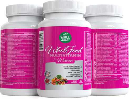 Whole Food Multivitamin for Women - Vegan, Non-GMO - 90 Capsules with Folate, B12 Methyl, Vitamins, Minerals,
