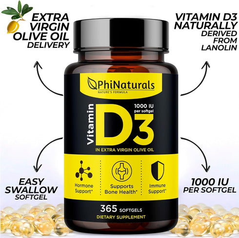 Vitamin D3 1000 IU Softgels, 365 Count, High Potency Vit D 3 Pills for Immune Support & Mood