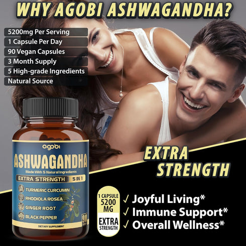 Ashwagandha Extract Capsule, Great Strength, 5in1 Ginger, Turmeric, Rhodiola Rosea & Black Pepper, 90 Capsules