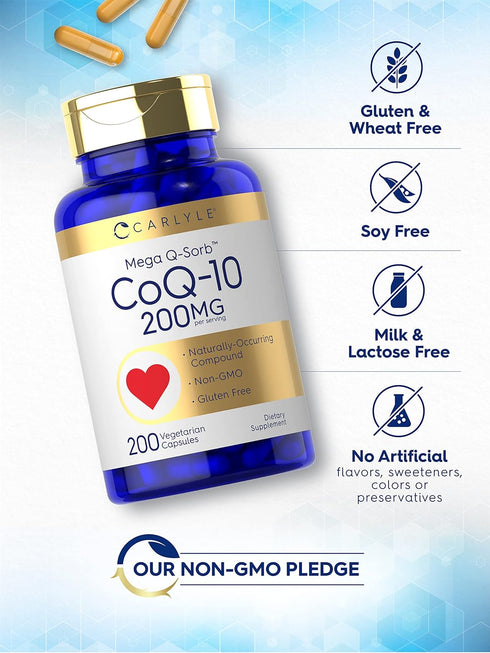 Carlyle CoQ10 200mg | Mega Q-Sorb Coenzyme Q-10 | 200 Capsules | Vegetarian, Non-GMO, Gluten Free