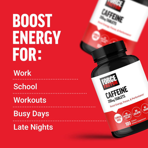Force Factor Caffeine Pills 200mg - 100 Tablets for Energy, Focus, Strength & Performance Boost.