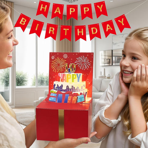 JINSTABAG 3D Birthday Money Box for Cash Gift, Money Pull Box with Music Light Cake and DIY Number Placard for Any Age