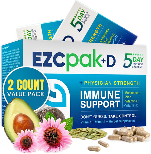 EZC Pak+D 5-Day Immune System Booster - Vitamin Support Supplement with Echinacea, Zinc, Vitamin C, & D (Pack of 2)