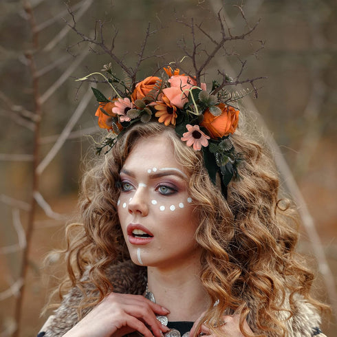MOSTORY Handmade Deer Antler Flower Headband, Tree Branch Crown Headpiece, Orange Rose Floral Hair Band for Women