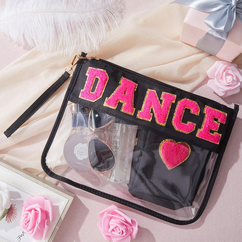Hillban 2 Pcs Dance Theme Gifts, Waterproof Chenille Letter Bags, Preppy Patch Makeup Bag for Women Girls