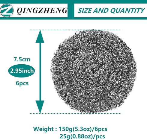 Stainless Steel Scourer Kitchen and Household, Steel Cleaning Dishes, Middle Size Scrubbers (6Pcs*25g)