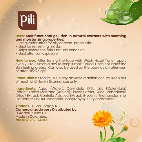 Pili Natural Hydrogel | Face and Body Skin Soothing Gel with Arnica, Calendula, Aloe Vera | 8.8 oz
