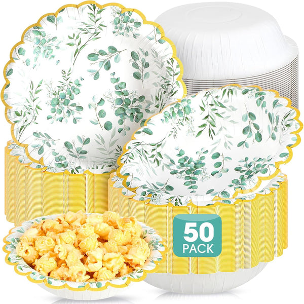 50 Pcs 12 oz Sage Green Disposable Bowls Bulk, Eucalyptus Paper Bowl for Baby Shower Wedding Party Supplies
