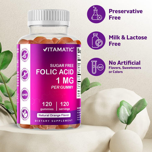 Vitamatic Folic Acid Gummies 1000 mcg - 120 Vegan Gummies - Essential Prenatal Vitamins for Mom & Baby