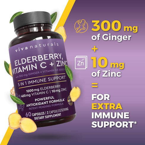 Viva Naturals Sambucus Elderberry with Zinc and Vitamin C for Adults - Vitamin D 5000 IU and Ginger - Immune Support
