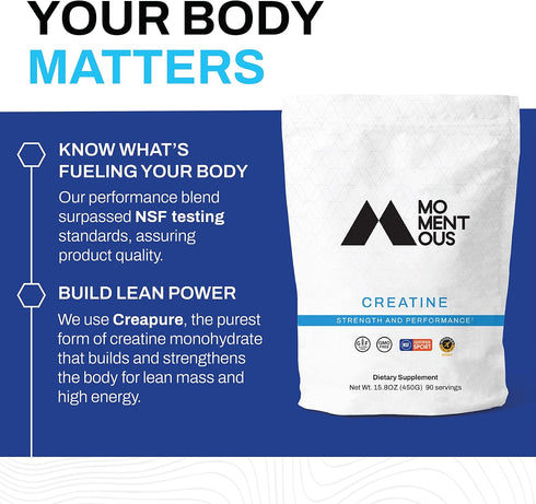 Momentous Creatine Monohydrate Powder - Creapure Performance, 5g Per Serving, 90 Servings for Muscle Support
