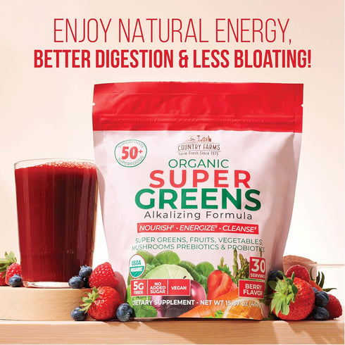 COUNTRY FARMS Super Greens Berry Flavor, 50 Organic Super Foods Drink Mix, 30 Servings