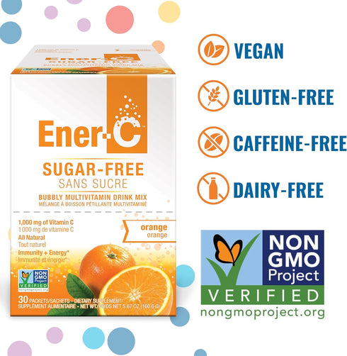 Ener-C Sugar Free Energy Drink Mix, Orange Multivitamin with 1000mg Vitamin C & Electrolytes, 30 Count, Non-GMO Vegan