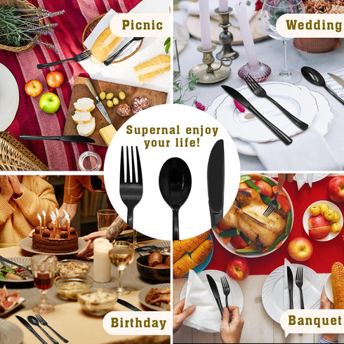 150 Pack Black Plastic Silverware Set, 50 Forks, 50 Knives, 50 Spoons for Graduation Party, Wedding, Birthday