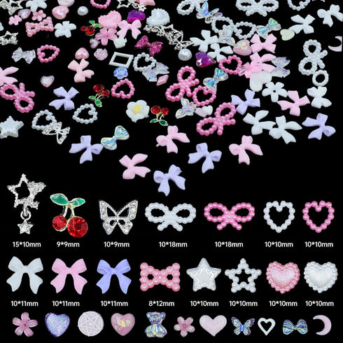 Variety 3D Nail Charms: Rhinestones, Butterfly, Star, Bowknot, Tiny Flower, Heart, Cherry for Manicure DIY Accessories