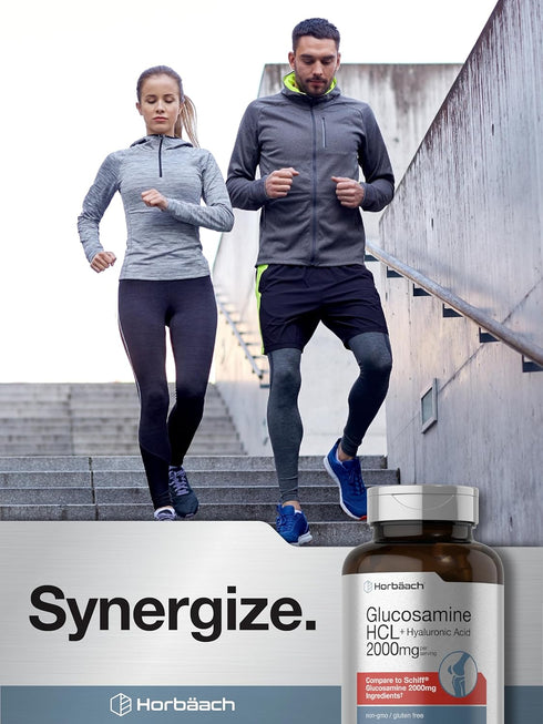 Horbaeach Glucosamine HCL with Hyaluronic Acid | 2000mg | 120 Coated Caplets | Non-GMO, Gluten Free