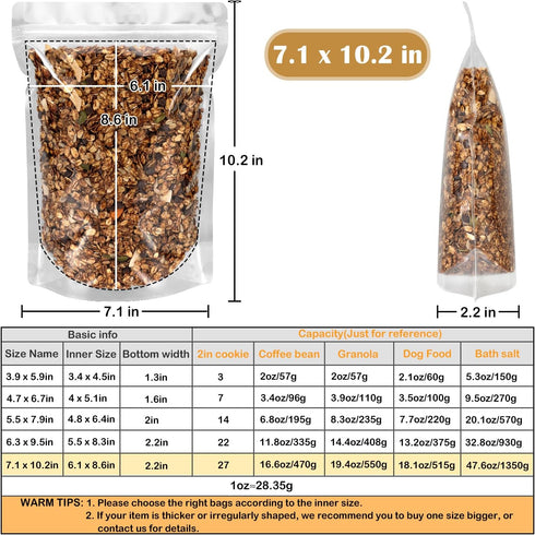 Blisstime 50 Pack Stand Up Pouch Bags, Resealable Clear Self-seal Pouches for Food Packing (7 X 10.2 Inches)