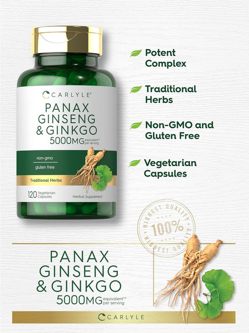 Carlyle Panax Ginseng + Ginkgo Biloba | 120 Vegetarian Capsules | 5,000mg, Non-GMO, Gluten Free