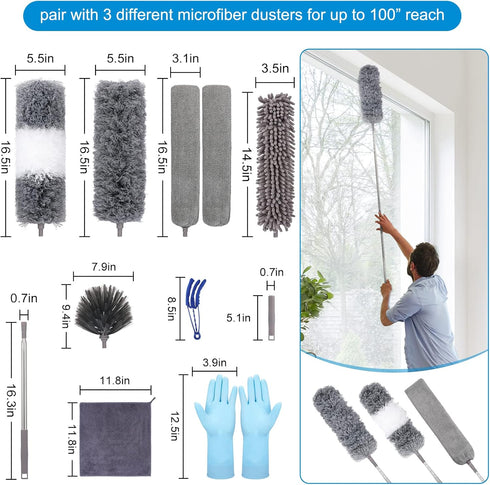 Microfiber Extendable Feather Duster (11pcs) with 100" Extension Pole, Washable & Reusable for Cleaning Ceiling Fans &